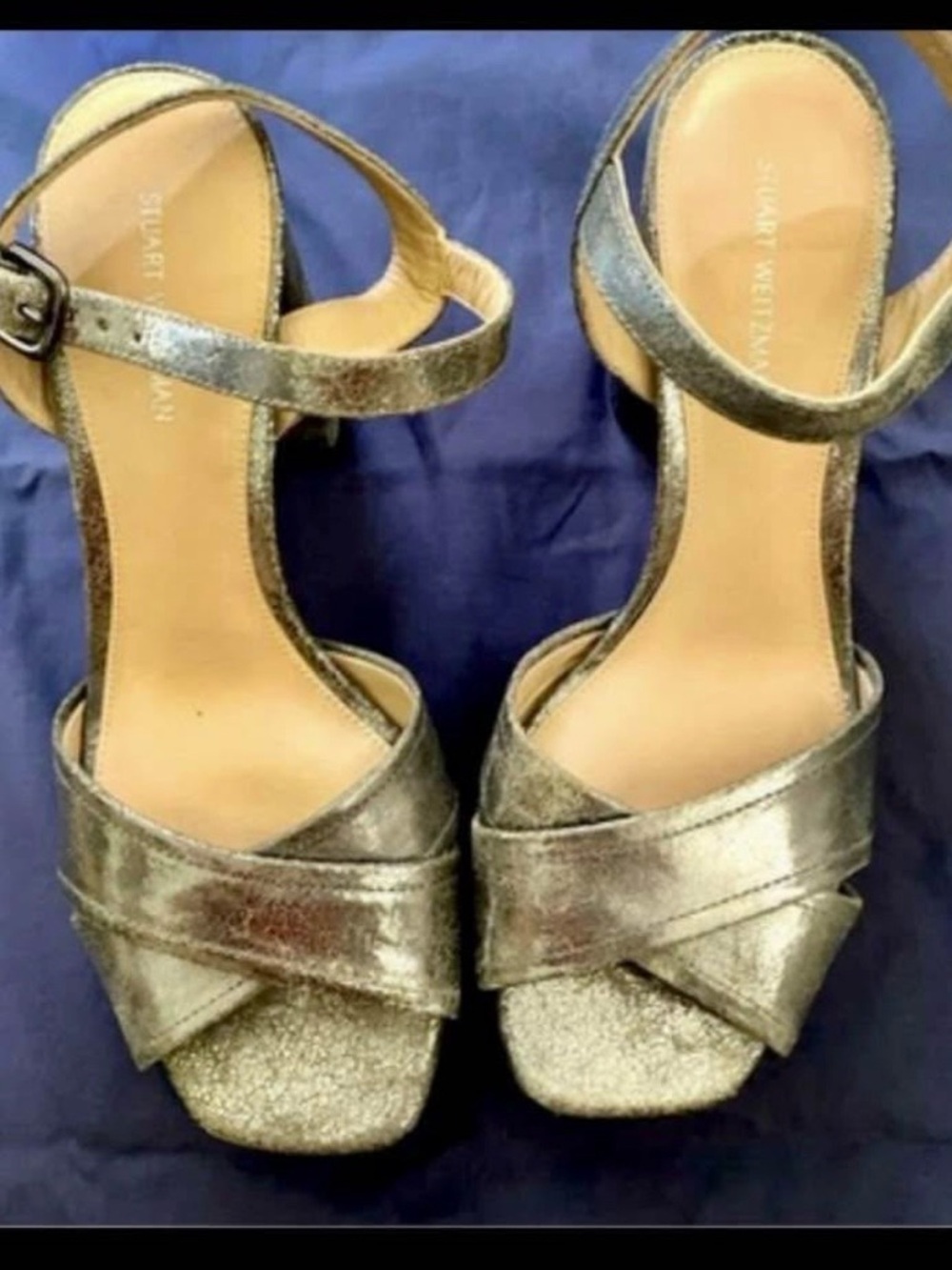 Stuart Weitzman Metallic Silver Cross-Strap Heels